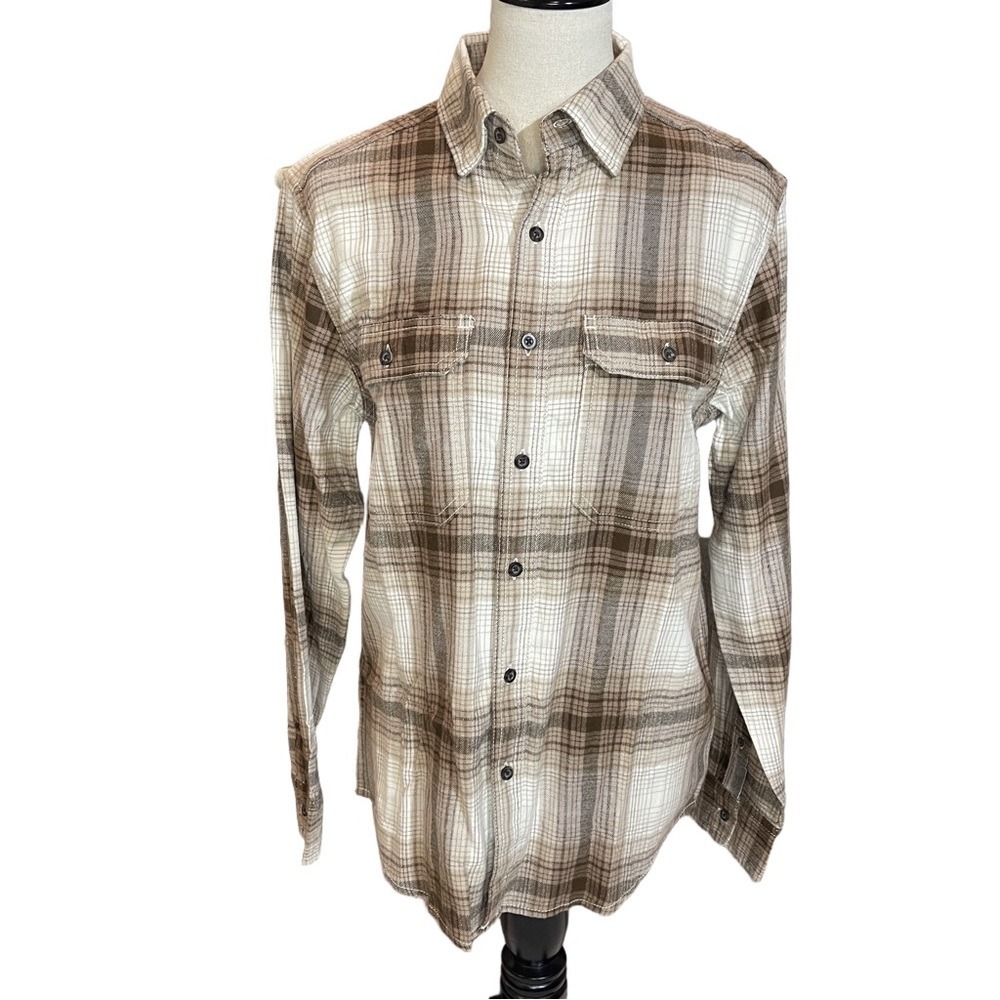 George Men's Brown Beige‎ Plaid Flannel Button-Up Shirt Size Small